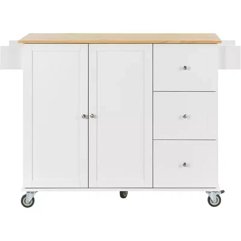 sumyeg Rolling Kitchen Island with Solid Wood Top, Drop Leaf Bar, Locking Wheels, Storage Cabinet, Spice Rack, Towel Rack and Drawer, 52.7inch