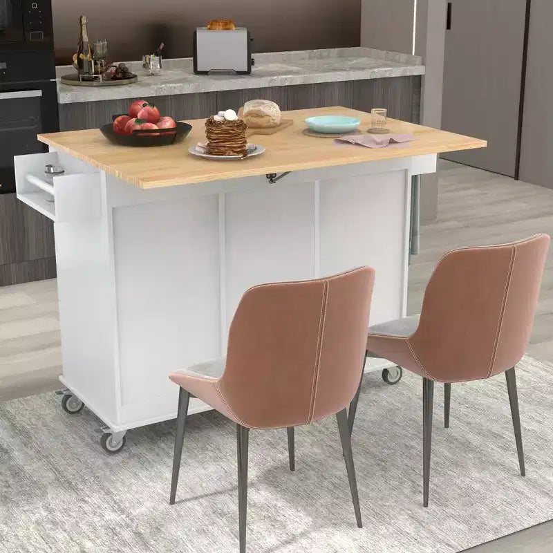 sumyeg Rolling Kitchen Island with Solid Wood Top, Drop Leaf Bar, Locking Wheels, Storage Cabinet, Spice Rack, Towel Rack and Drawer, 52.7inch