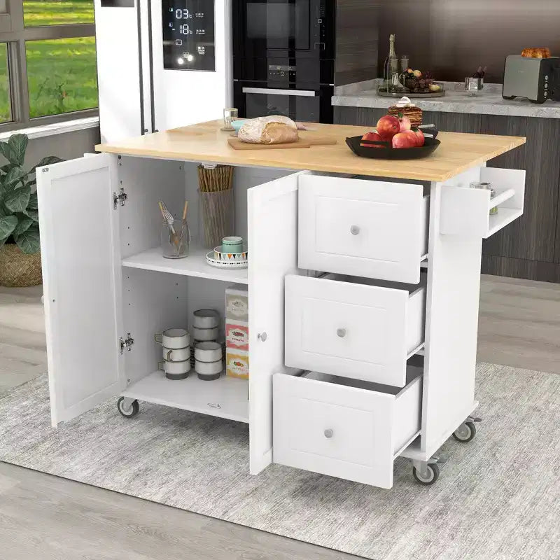sumyeg Rolling Kitchen Island with Solid Wood Top, Drop Leaf Bar, Locking Wheels, Storage Cabinet, Spice Rack, Towel Rack and Drawer, 52.7inch