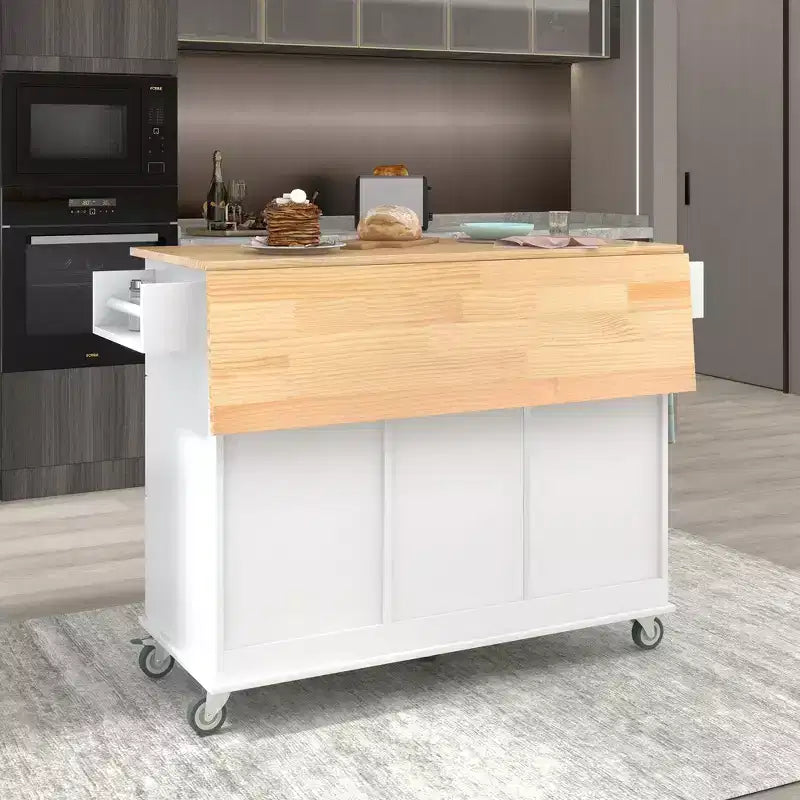 sumyeg Rolling Kitchen Island with Solid Wood Top, Drop Leaf Bar, Locking Wheels, Storage Cabinet, Spice Rack, Towel Rack and Drawer, 52.7inch