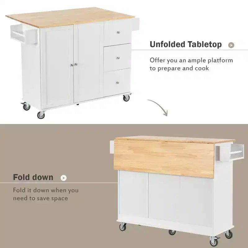 sumyeg Rolling Kitchen Island with Solid Wood Top, Drop Leaf Bar, Locking Wheels, Storage Cabinet, Spice Rack, Towel Rack and Drawer, 52.7inch