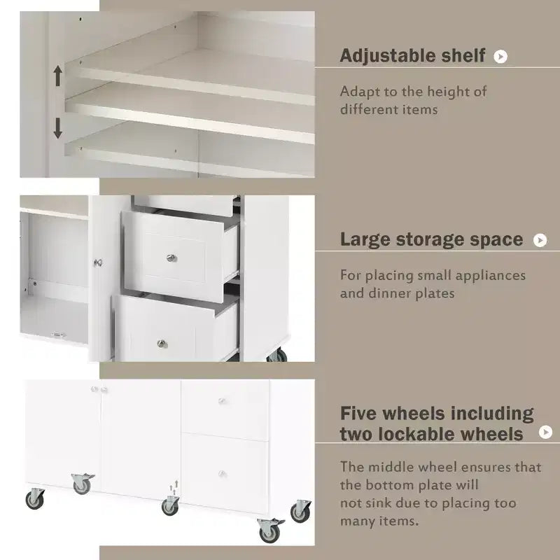 sumyeg Rolling Kitchen Island with Solid Wood Top, Drop Leaf Bar, Locking Wheels, Storage Cabinet, Spice Rack, Towel Rack and Drawer, 52.7inch