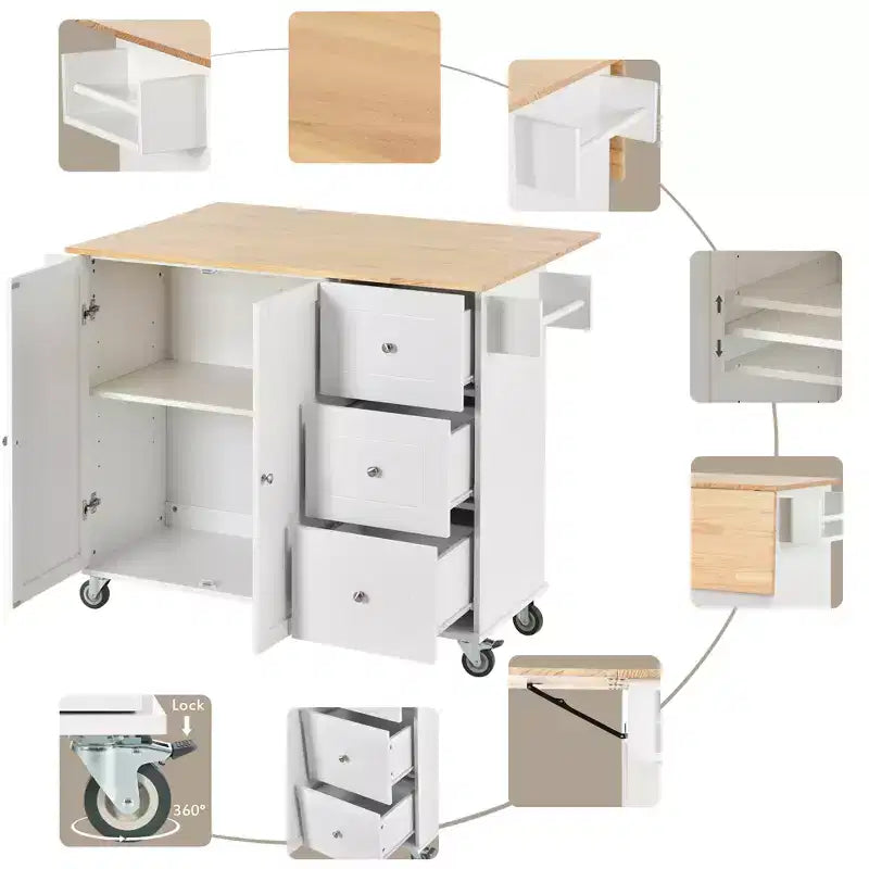 sumyeg Rolling Kitchen Island with Solid Wood Top, Drop Leaf Bar, Locking Wheels, Storage Cabinet, Spice Rack, Towel Rack and Drawer, 52.7inch