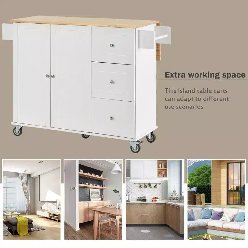 sumyeg Rolling Kitchen Island with Solid Wood Top, Drop Leaf Bar, Locking Wheels, Storage Cabinet, Spice Rack, Towel Rack and Drawer, 52.7inch