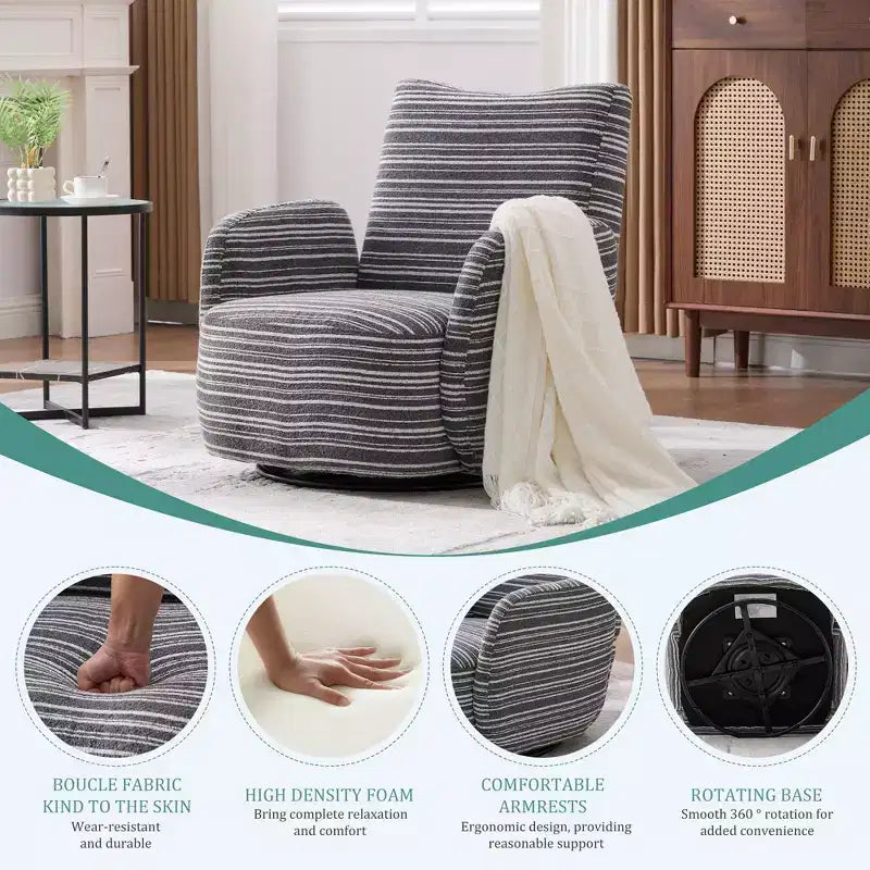 TUYOHW Modern Swivel Accent Chair with Striped Upholstered Leisure Single Sofa with Metal Bracket Armrest Swivel Chair for Living Room, Bedroom