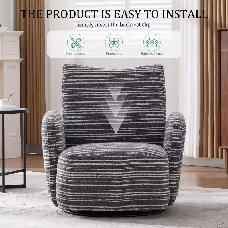 TUYOHW Modern Swivel Accent Chair with Striped Upholstered Leisure Single Sofa with Metal Bracket Armrest Swivel Chair for Living Room, Bedroom