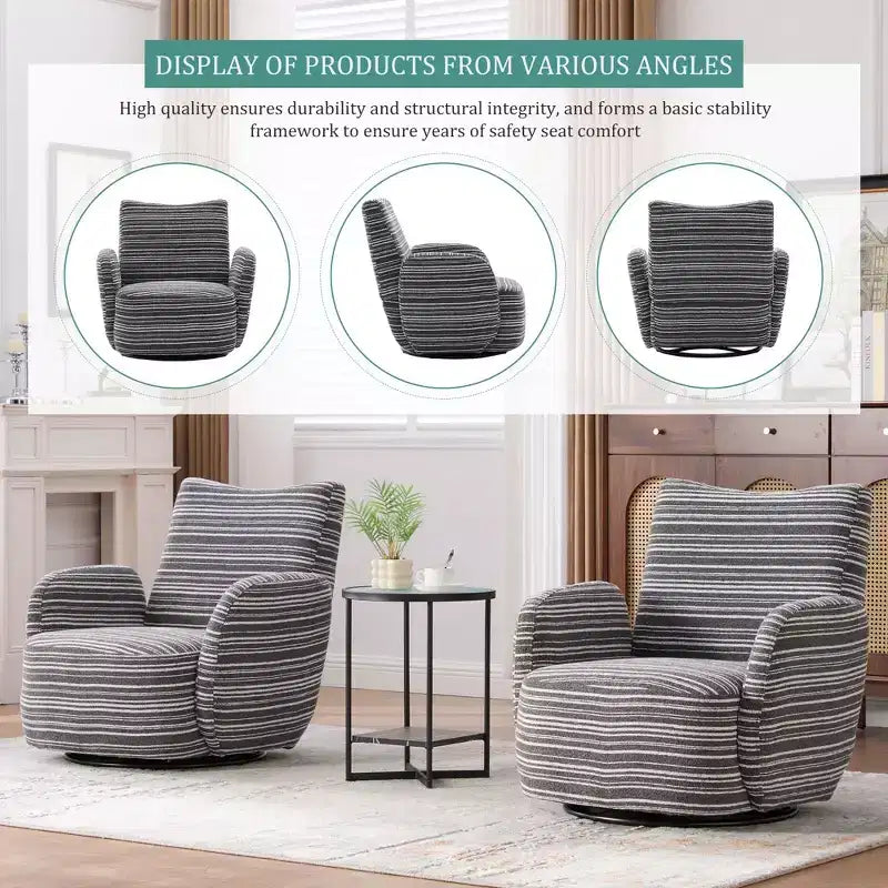 TUYOHW Modern Swivel Accent Chair with Striped Upholstered Leisure Single Sofa with Metal Bracket Armrest Swivel Chair for Living Room, Bedroom