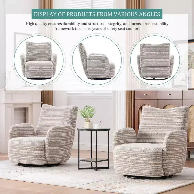 TUYOHW Modern Swivel Accent Chair with Striped Upholstered Leisure Single Sofa with Metal Bracket Armrest Swivel Chair for Living Room, Bedroom