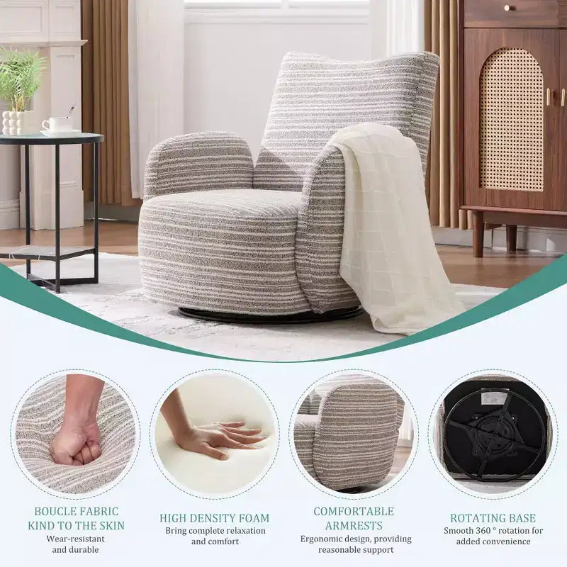 TUYOHW Modern Swivel Accent Chair with Striped Upholstered Leisure Single Sofa with Metal Bracket Armrest Swivel Chair for Living Room, Bedroom