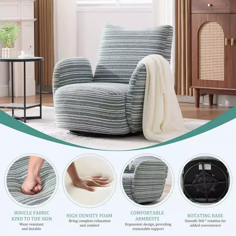 TUYOHW Modern Swivel Accent Chair with Striped Upholstered Leisure Single Sofa with Metal Bracket Armrest Swivel Chair for Living Room, Bedroom