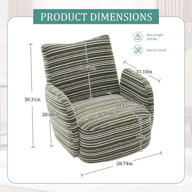 TUYOHW Modern Swivel Accent Chair with Striped Upholstered Leisure Single Sofa with Metal Bracket Armrest Swivel Chair for Living Room, Bedroom