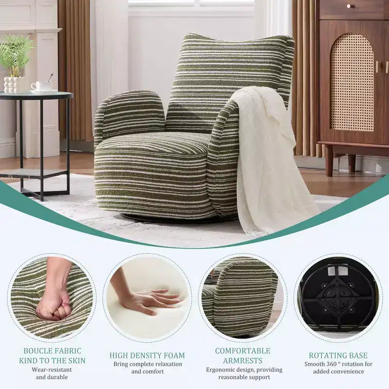 TUYOHW Modern Swivel Accent Chair with Striped Upholstered Leisure Single Sofa with Metal Bracket Armrest Swivel Chair for Living Room, Bedroom