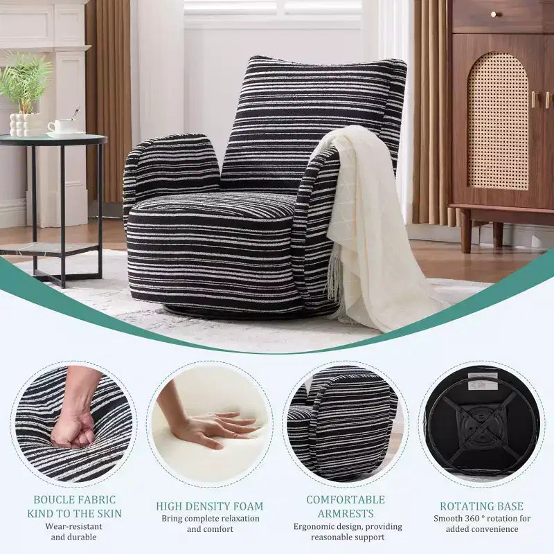TUYOHW Modern Swivel Accent Chair with Striped Upholstered Leisure Single Sofa with Metal Bracket Armrest Swivel Chair for Living Room, Bedroom