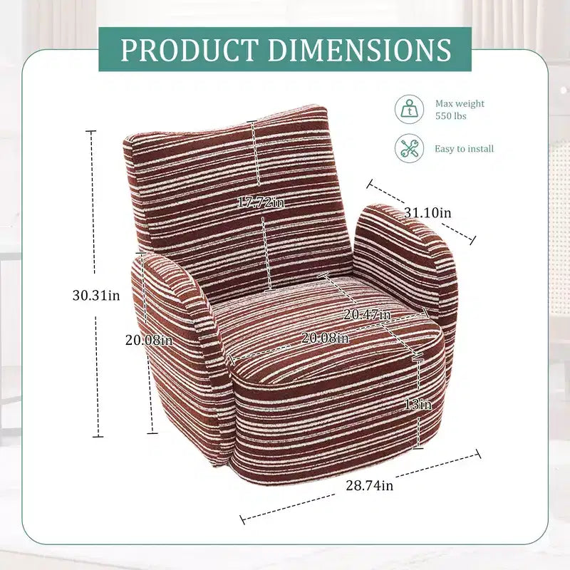 TUYOHW Modern Swivel Accent Chair with Striped Upholstered Leisure Single Sofa with Metal Bracket Armrest Swivel Chair for Living Room, Bedroom
