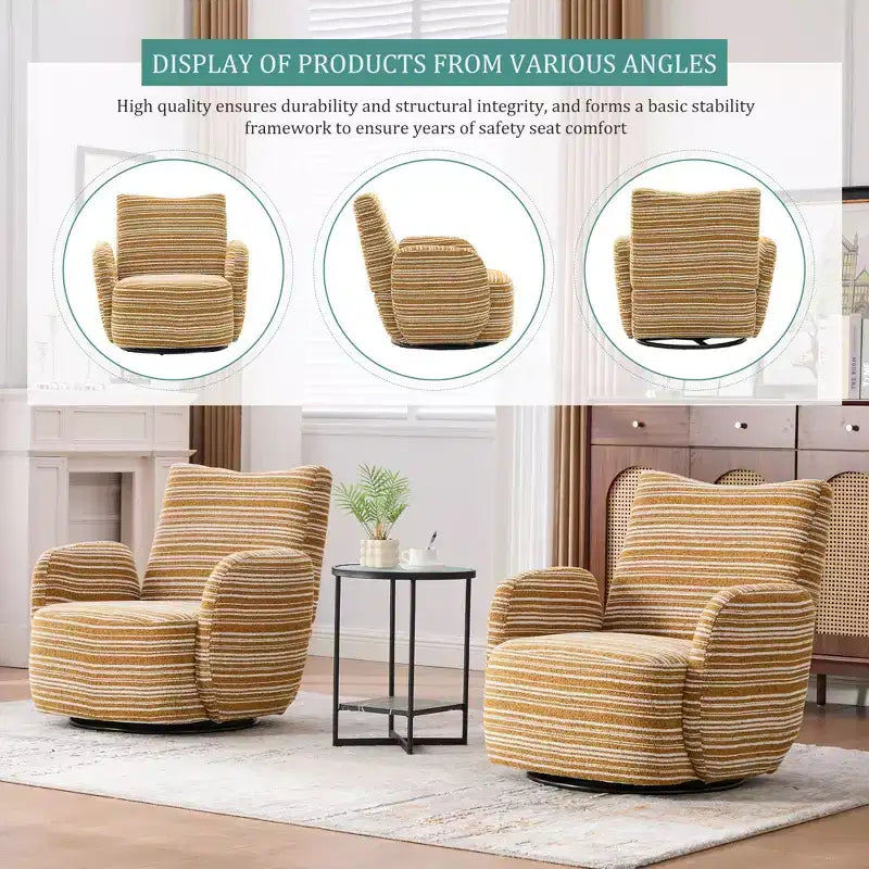 TUYOHW Modern Swivel Accent Chair with Striped Upholstered Leisure Single Sofa with Metal Bracket Armrest Swivel Chair for Living Room, Bedroom