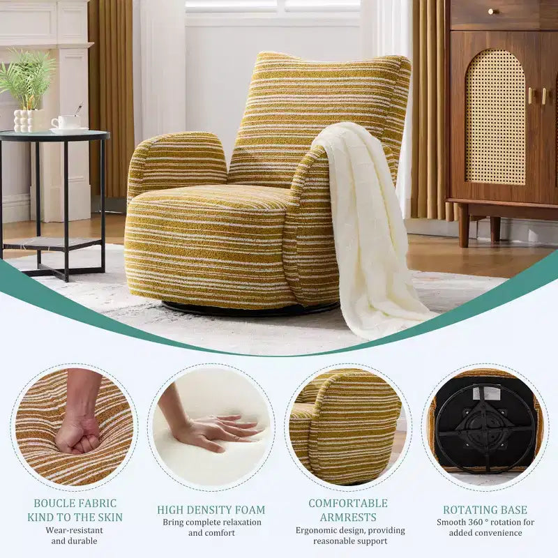 TUYOHW Modern Swivel Accent Chair with Striped Upholstered Leisure Single Sofa with Metal Bracket Armrest Swivel Chair for Living Room, Bedroom