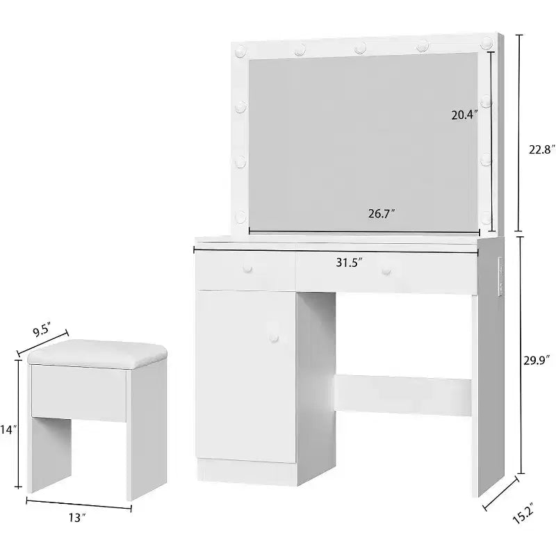 BALHAM TRADE-Vanity Desk with Mirror 11 LED Lights Power Outlet Makeup Vanity Set Storage Cabinet Drawers Chair