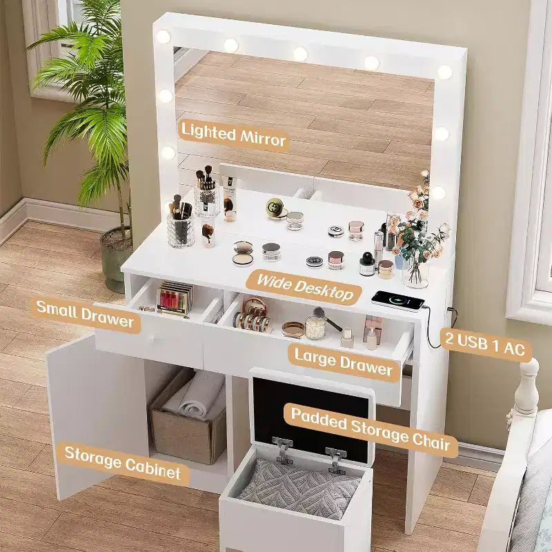 BALHAM TRADE-Vanity Desk with Mirror 11 LED Lights Power Outlet Makeup Vanity Set Storage Cabinet Drawers Chair