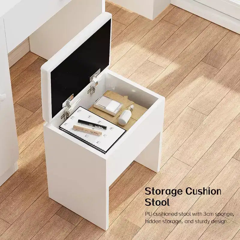 BALHAM TRADE-Vanity Desk with Mirror 11 LED Lights Power Outlet Makeup Vanity Set Storage Cabinet Drawers Chair