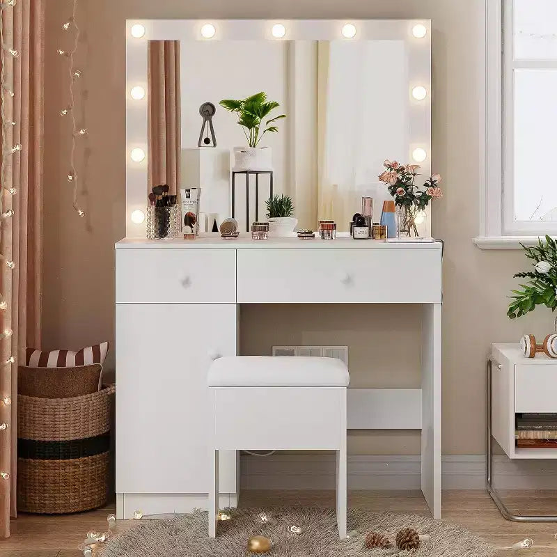 BALHAM TRADE-Vanity Desk with Mirror 11 LED Lights Power Outlet Makeup Vanity Set Storage Cabinet Drawers Chair
