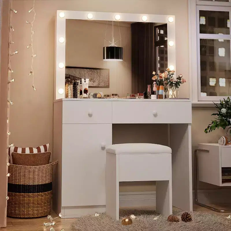 BALHAM TRADE-Vanity Desk with Mirror 11 LED Lights Power Outlet Makeup Vanity Set Storage Cabinet Drawers Chair