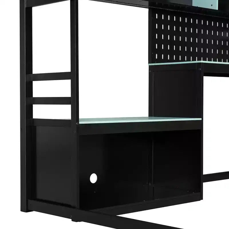 Full Size Gaming Loft Bed with Desk and Storage Shelves, Full Wood Low Loft Bed Frame with LED Lights, USB Ports and Pegboard