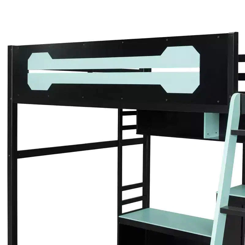 Full Size Gaming Loft Bed with Desk and Storage Shelves, Full Wood Low Loft Bed Frame with LED Lights, USB Ports and Pegboard
