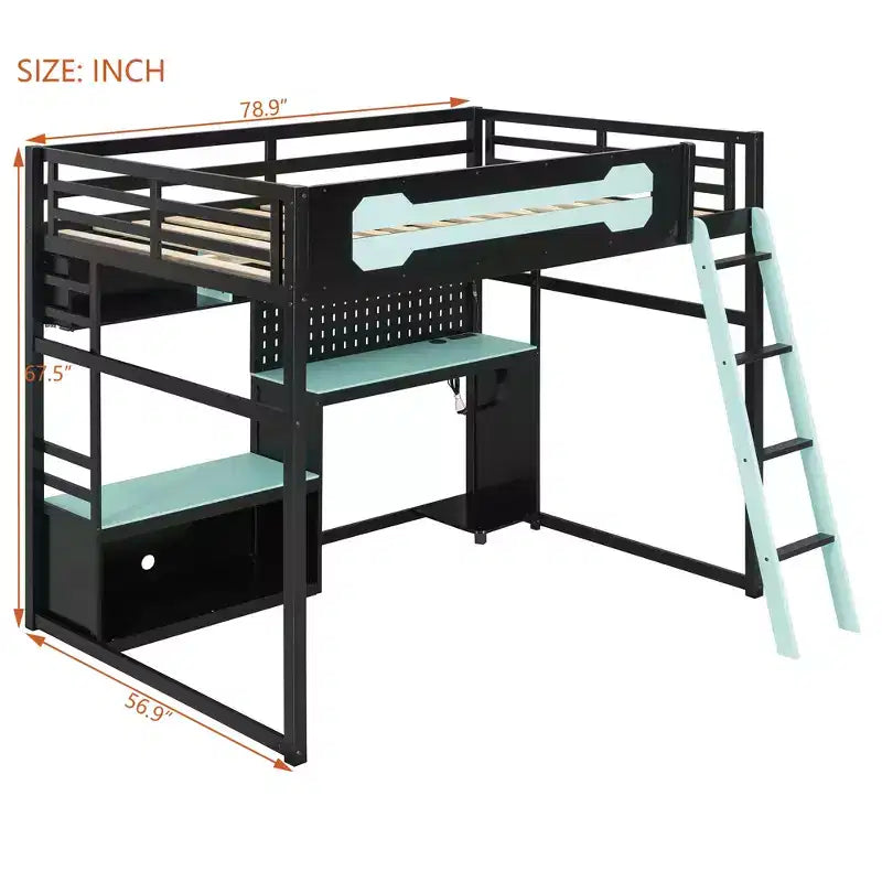 Full Size Gaming Loft Bed with Desk and Storage Shelves, Full Wood Low Loft Bed Frame with LED Lights, USB Ports and Pegboard