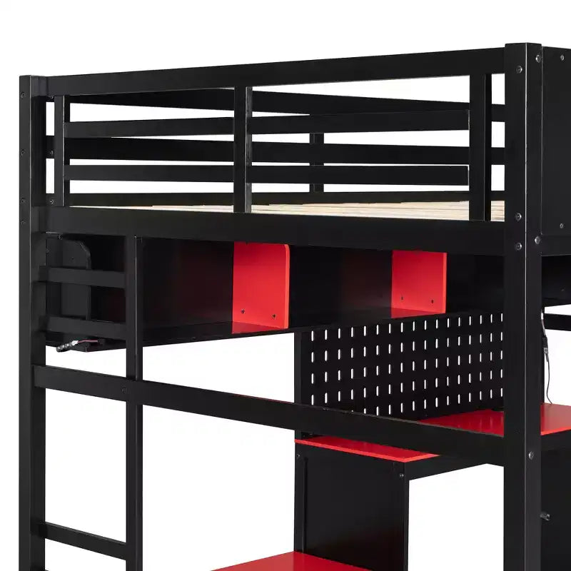Full Size Gaming Loft Bed with Desk and Storage Shelves, Full Wood Low Loft Bed Frame with LED Lights, USB Ports and Pegboard