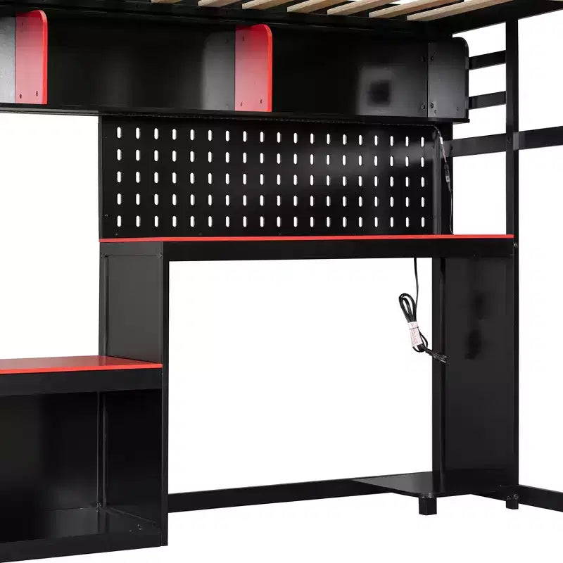 Full Size Gaming Loft Bed with Desk and Storage Shelves, Full Wood Low Loft Bed Frame with LED Lights, USB Ports and Pegboard