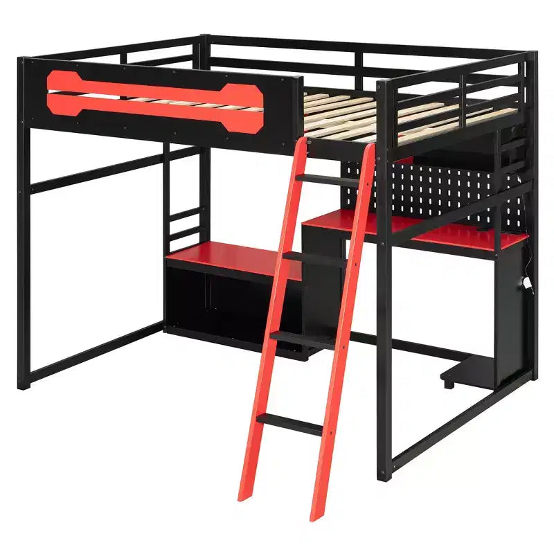 Full Size Gaming Loft Bed with Desk and Storage Shelves, Full Wood Low Loft Bed Frame with LED Lights, USB Ports and Pegboard