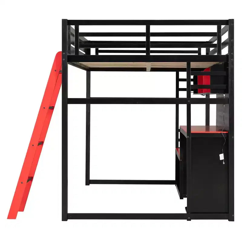 Full Size Gaming Loft Bed with Desk and Storage Shelves, Full Wood Low Loft Bed Frame with LED Lights, USB Ports and Pegboard