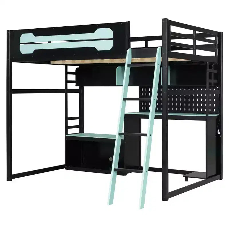 Full Size Gaming Loft Bed with Desk and Storage Shelves, Full Wood Low Loft Bed Frame with LED Lights, USB Ports and Pegboard