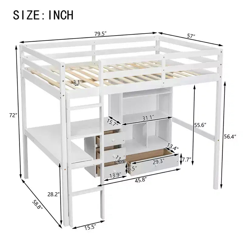 Bellemave Full Loft Bed with Desk, Storage Shelves and Drawers,Wood Loft Bed Frame with Guardrails and Built-in Ladder for Teens and Adults