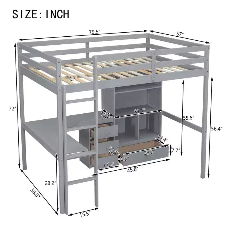 Bellemave Full Loft Bed with Desk, Storage Shelves and Drawers,Wood Loft Bed Frame with Guardrails and Built-in Ladder for Teens and Adults