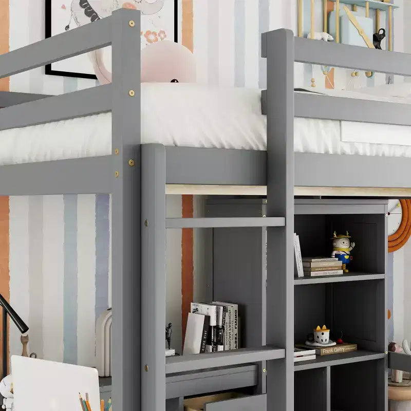 Bellemave Full Loft Bed with Desk, Storage Shelves and Drawers,Wood Loft Bed Frame with Guardrails and Built-in Ladder for Teens and Adults