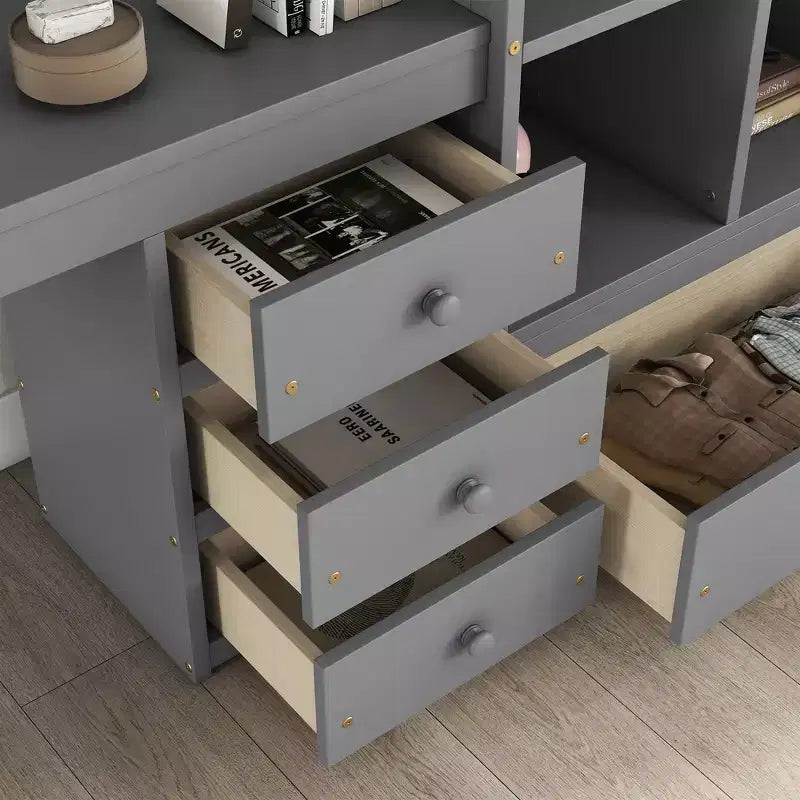 Bellemave Full Loft Bed with Desk, Storage Shelves and Drawers,Wood Loft Bed Frame with Guardrails and Built-in Ladder for Teens and Adults