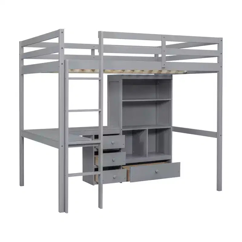 Bellemave Full Loft Bed with Desk, Storage Shelves and Drawers,Wood Loft Bed Frame with Guardrails and Built-in Ladder for Teens and Adults