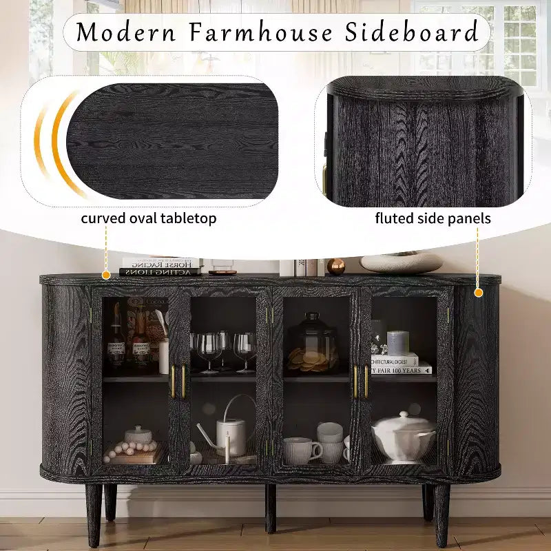 JVNOXK 60-inch Farmhouse-Style Storage Sideboard with Glass Doors and Adjustable Shelves, Wooden Buffet Cabinet for Kitchen, Black