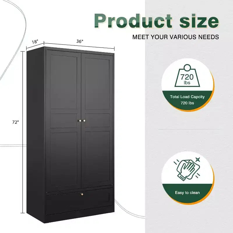 BALHAM TRADE-Metal Wardrobe Closet 72 Inches Tall with Storage Drawer Adjustable Shelves