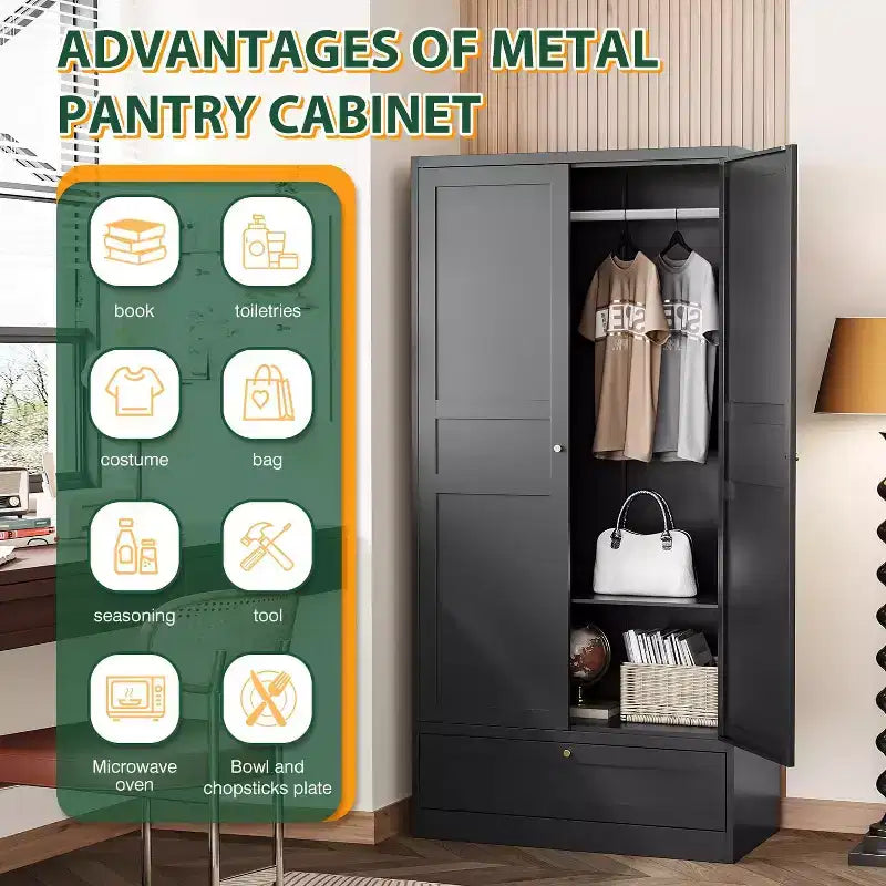 BALHAM TRADE-Metal Wardrobe Closet 72 Inches Tall with Storage Drawer Adjustable Shelves