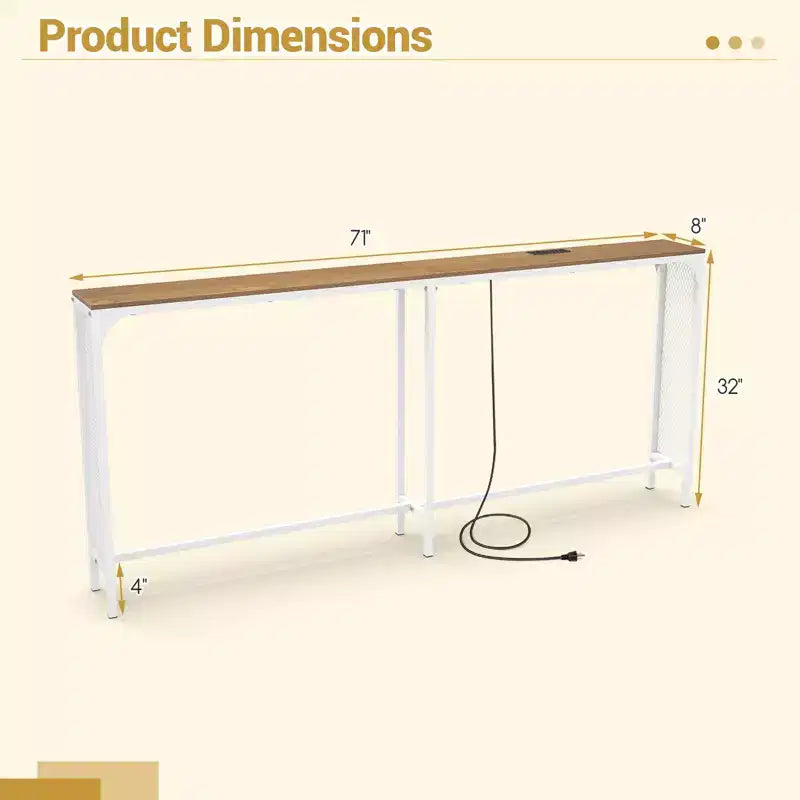 Costway 71'' Console Table w/Power Outlet Metal Frame for Hallway Foyer Living Room Natural & White