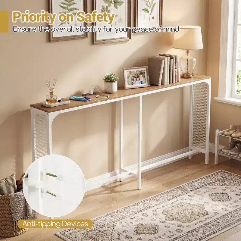 Costway 71'' Console Table w/Power Outlet Metal Frame for Hallway Foyer Living Room Natural & White