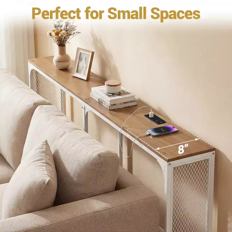 Costway 71'' Console Table w/Power Outlet Metal Frame for Hallway Foyer Living Room Natural & White
