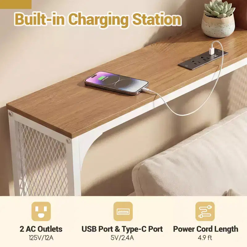 Costway 71'' Console Table w/Power Outlet Metal Frame for Hallway Foyer Living Room Natural & White