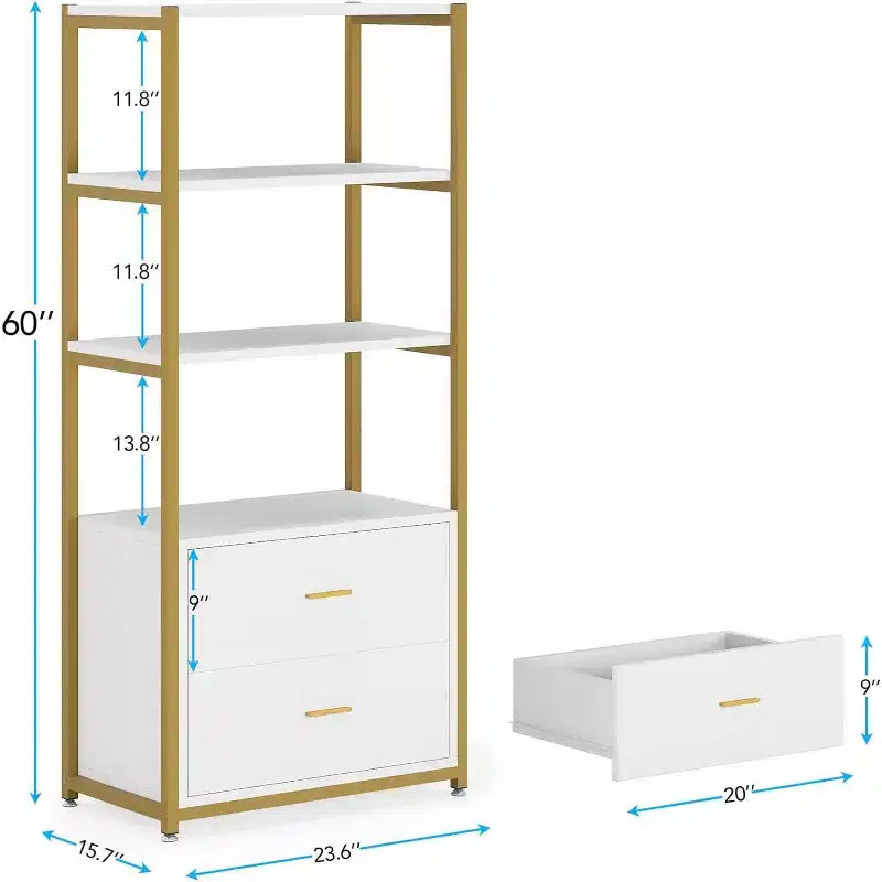 Lantine Bookcase, 4-Tier Bookshelf with 2 Drawers, Etagere Standard Book Shelves Display Shelf for Home Office (Gold/White)