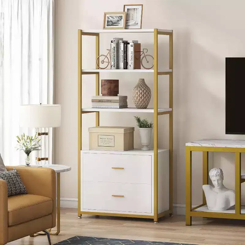 Lantine Bookcase, 4-Tier Bookshelf with 2 Drawers, Etagere Standard Book Shelves Display Shelf for Home Office (Gold/White)