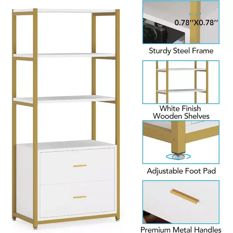 Lantine Bookcase, 4-Tier Bookshelf with 2 Drawers, Etagere Standard Book Shelves Display Shelf for Home Office (Gold/White)
