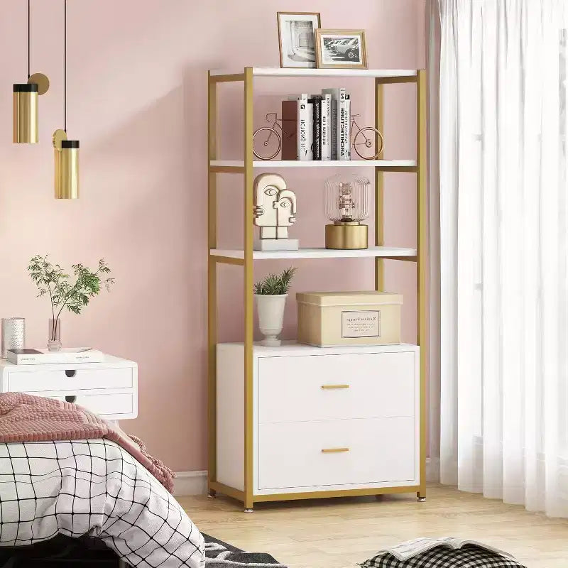 Lantine Bookcase, 4-Tier Bookshelf with 2 Drawers, Etagere Standard Book Shelves Display Shelf for Home Office (Gold/White)
