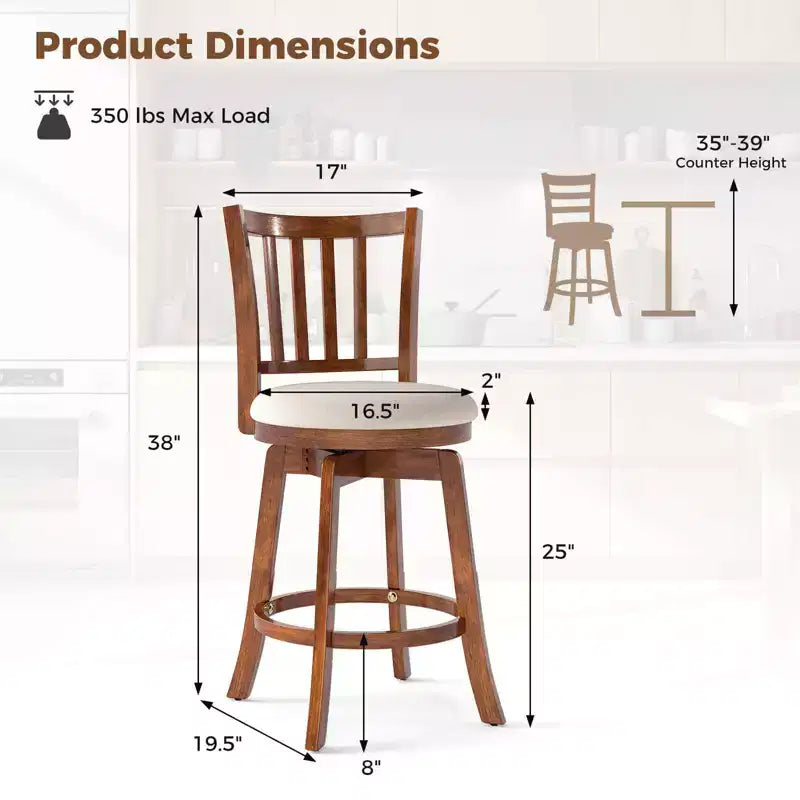Costway 25'' Swivel Counter Barstools Set of 2 w/Backrest & Upholstered Seat Footrest
